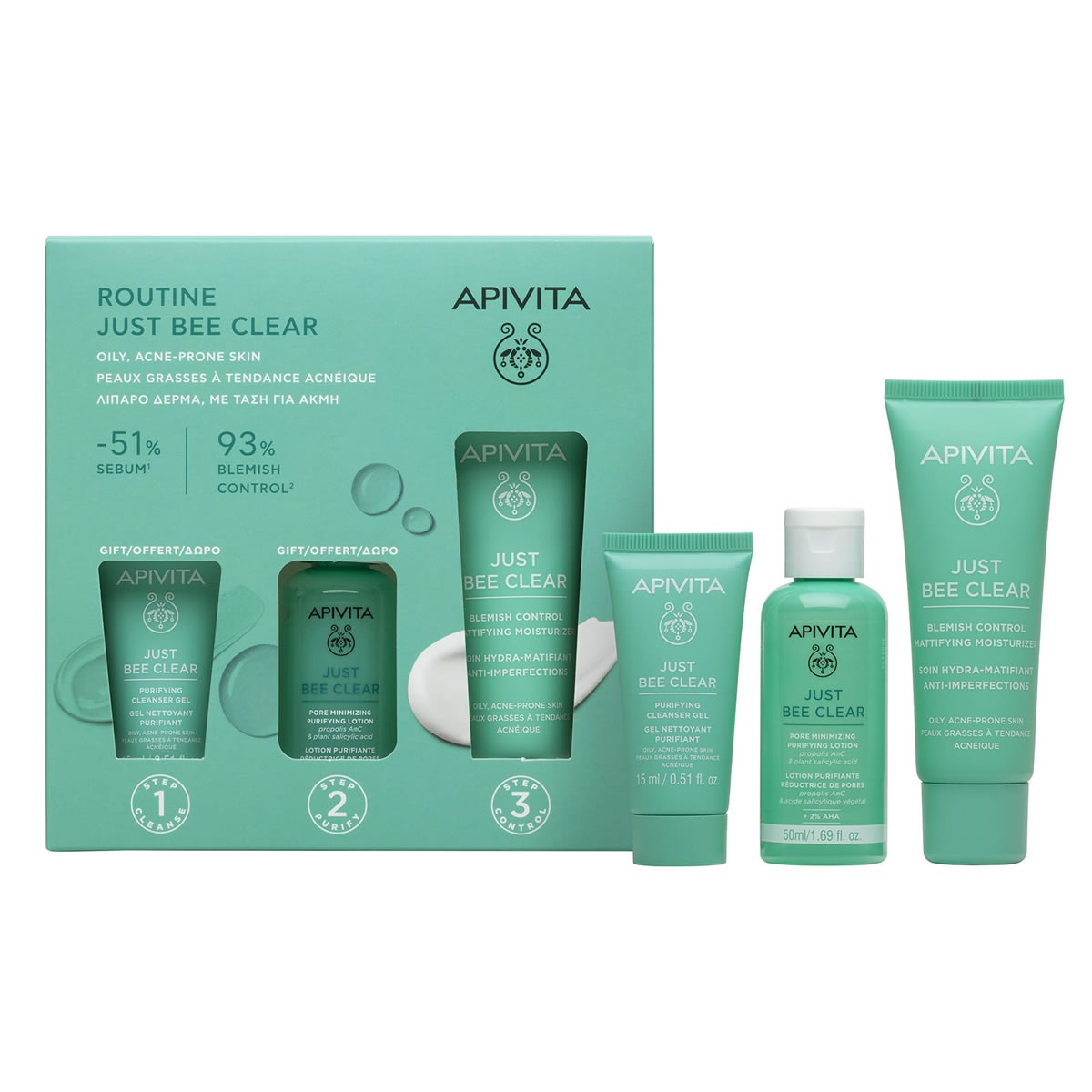 10-22-01-886-PRO-JUST-BEE-CLEAR-ROUTINE-25-with-products APIVITA Just Bee Clear Routine Κρέμα Κατά των Ατελειών με Δωρο Mini Gel Καθαρισμού & Λοσιόν Σύσφιξης Πόρων - Image 1