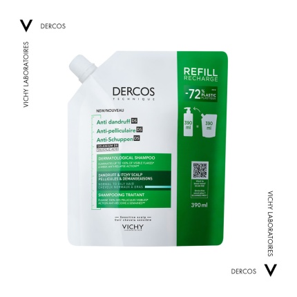 VICHY Dercos Anti-Dandruff DS, Σαμπουάν Κατά της Ξηροδερμίας, της Πιτυρίδας και του Κνησμού,Κανονικά - Λιπαρά Μαλλιά, Οικολογική Συσκευασία Refill 390ml